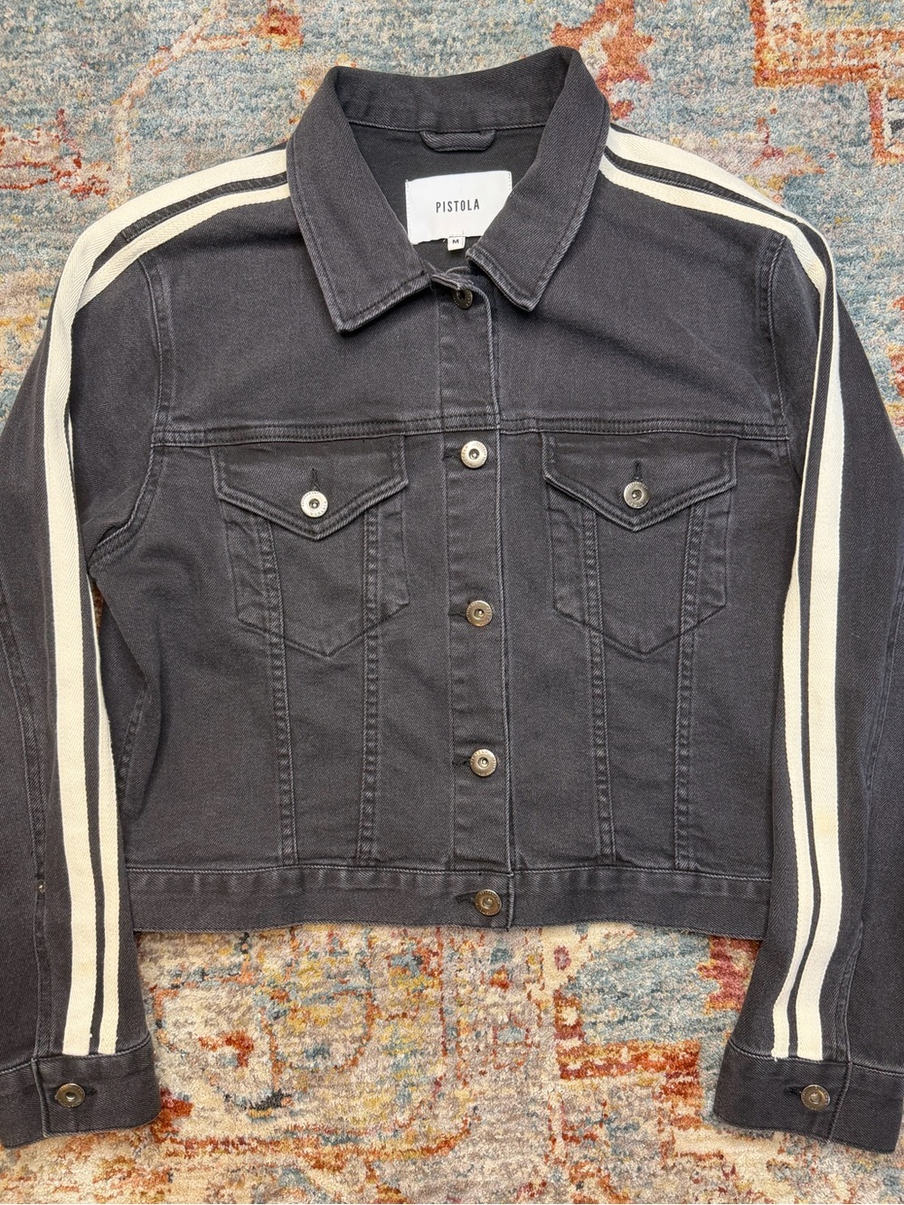 pistola black denim jacket with ivory sleeve stripes